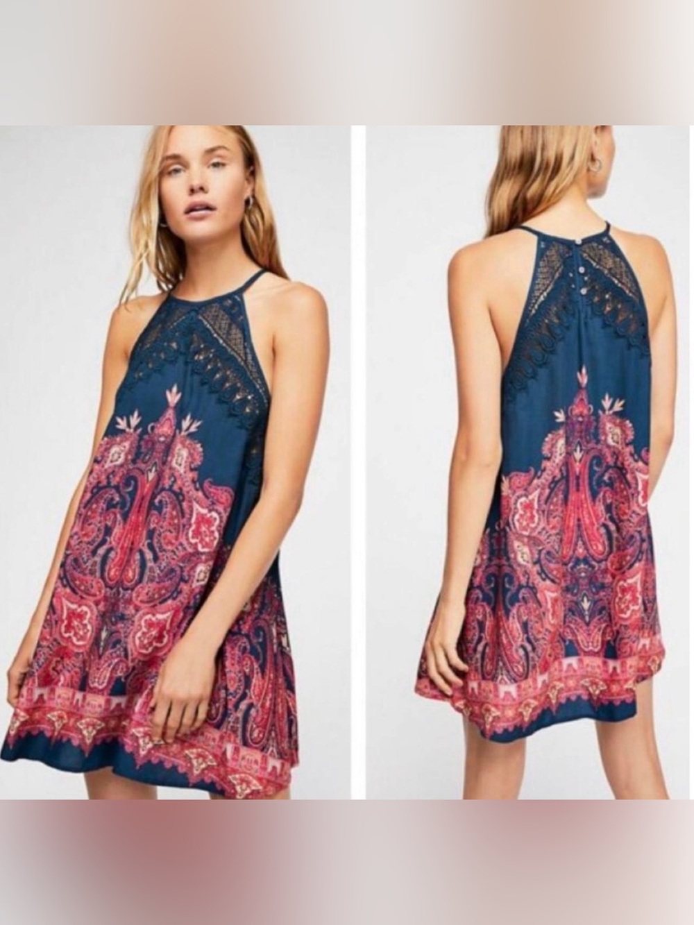 Free People Navy and Pink Halter baby doll Mini Dress - Boho - Indie - Romantic